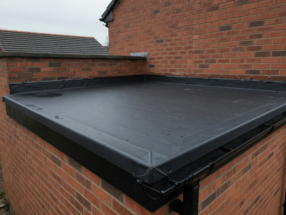 Black EPDM rubber membrane on a brick house extension