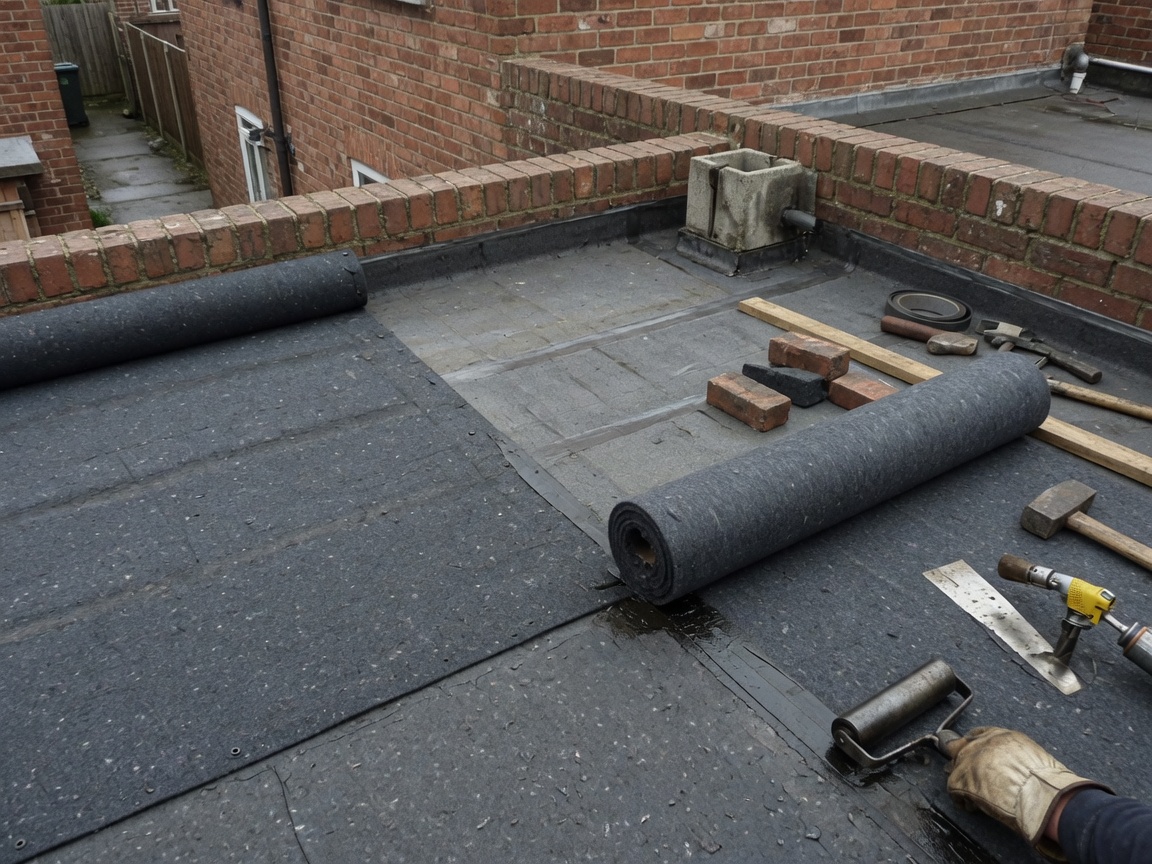 Mineral felt being laid on a garage flat roof