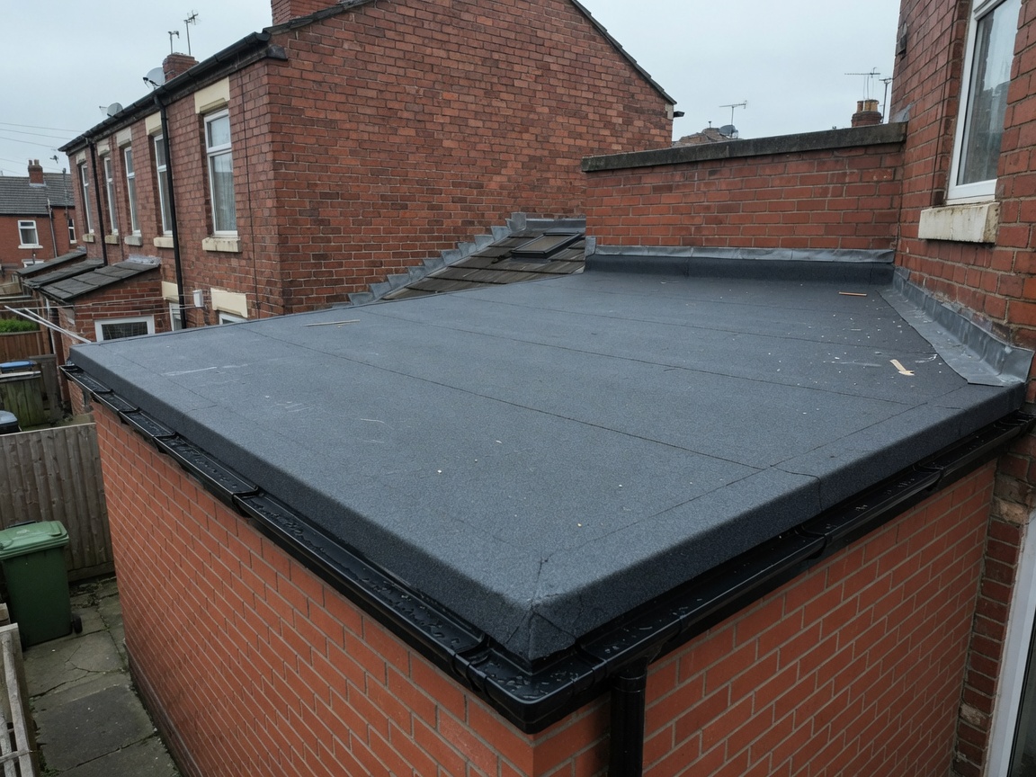 Felt flat roof on a brick house extension