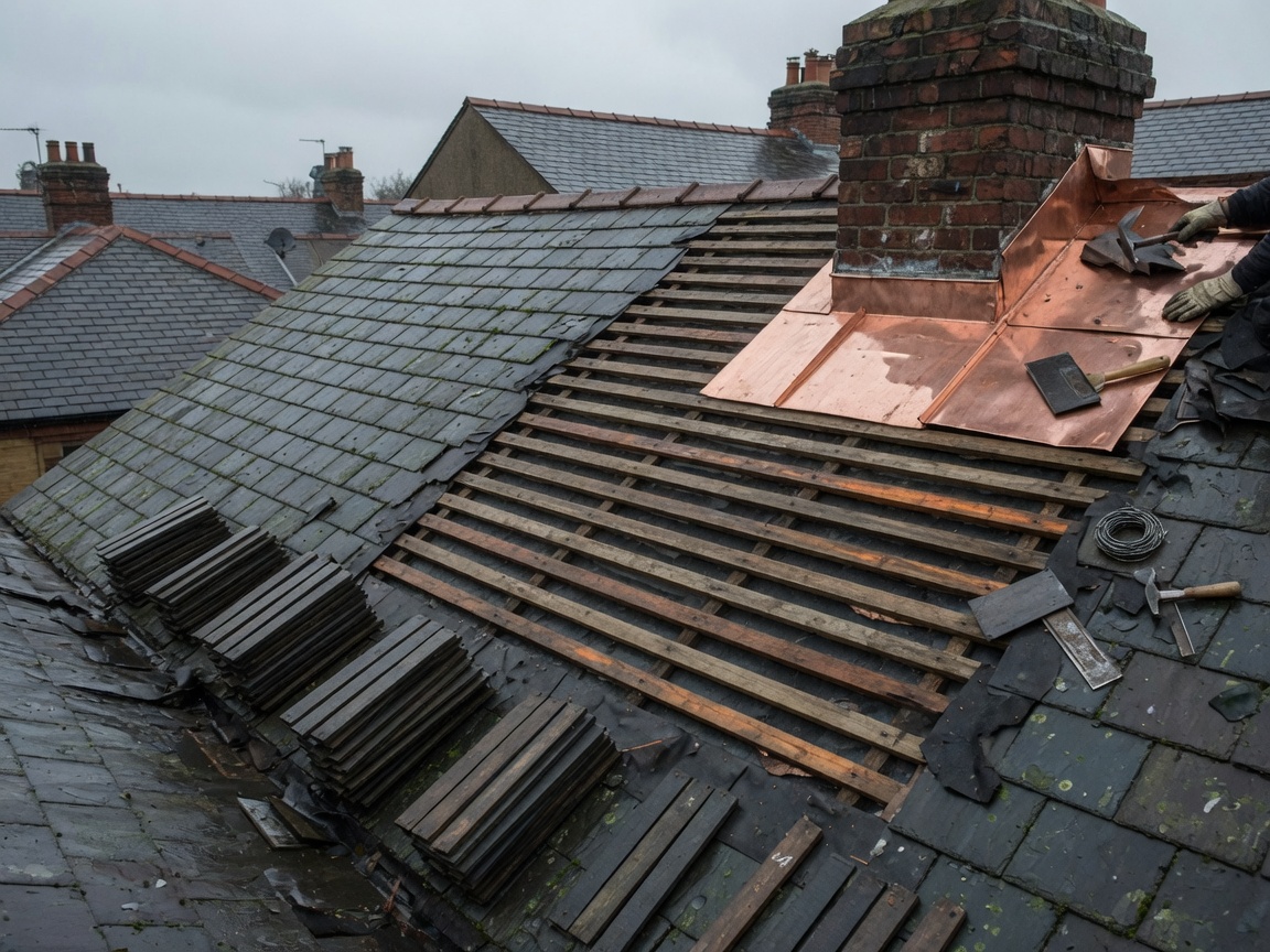 Slate roof opened for repair with battens and chimney flashing
