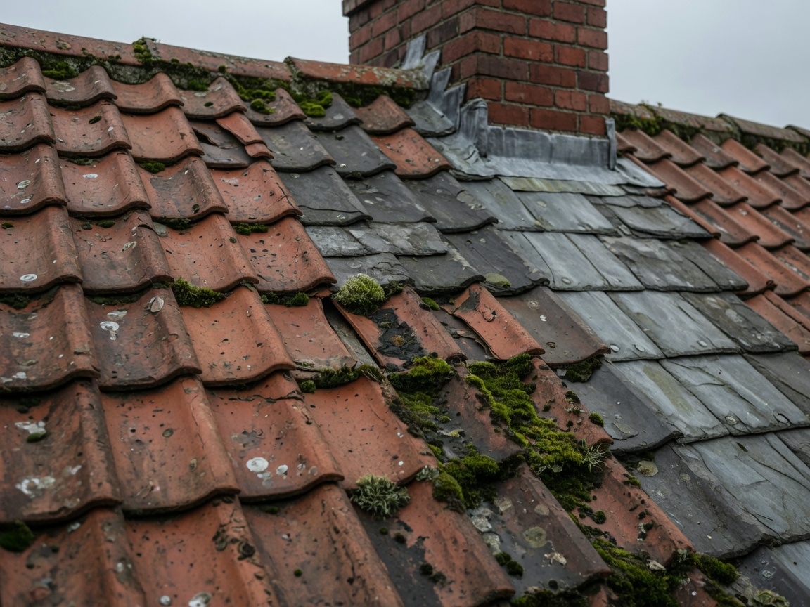 Weathered roof tiles around a chimney after North West weather